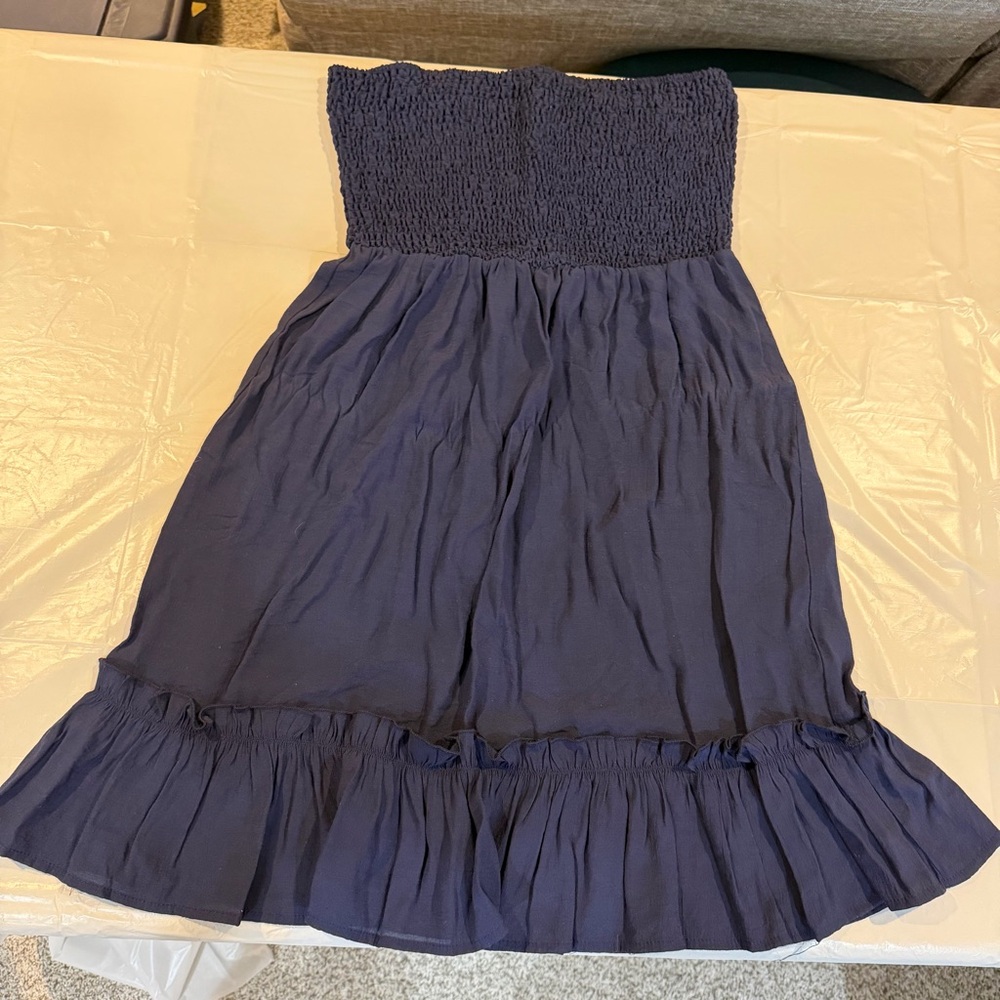 SHEIN Strapless Smocked Midi Dress Navy Boho Ruffle Hem Size L - Picture 3 of 6
